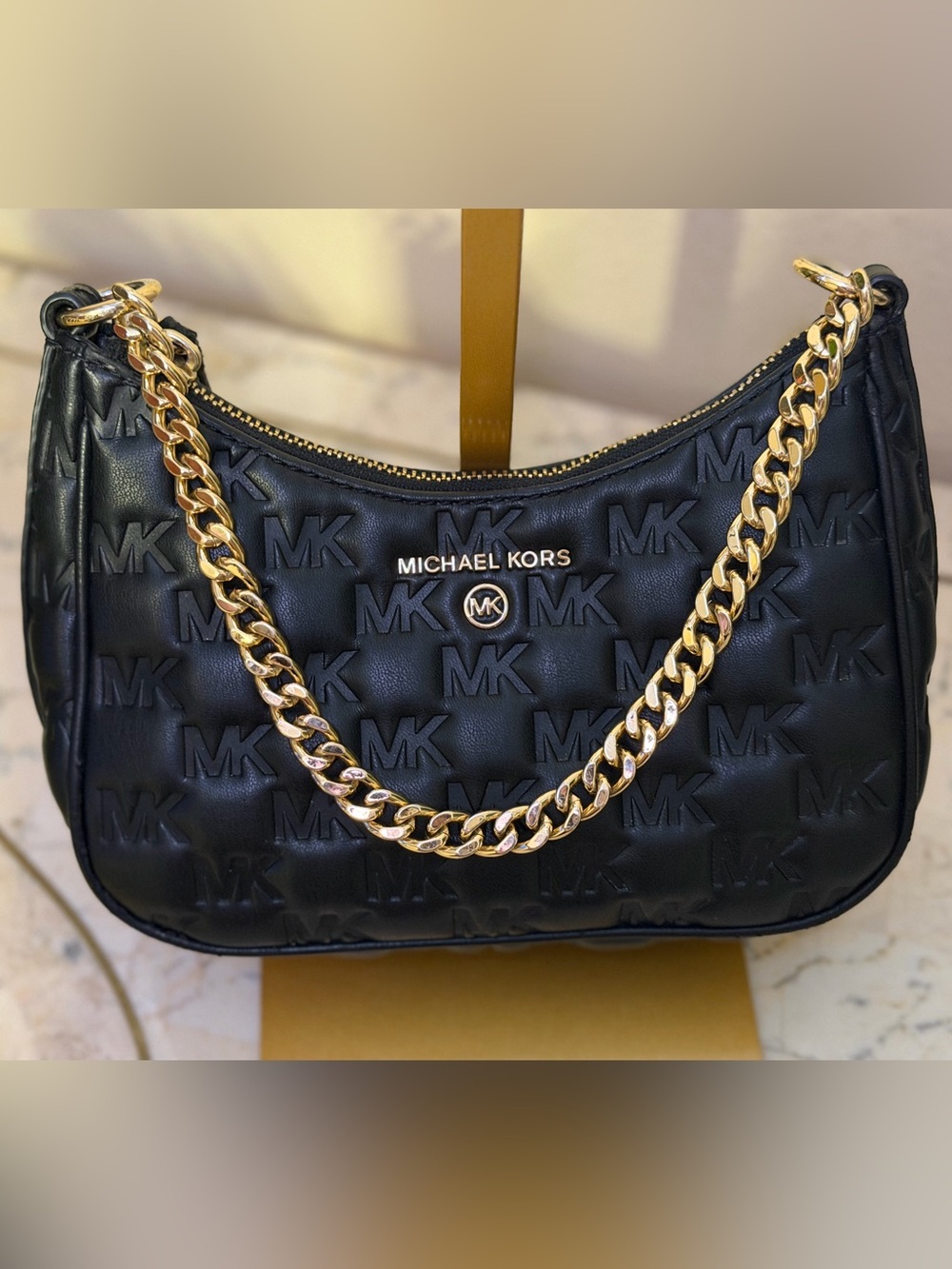 Michael Kors Empire Black Embossed MK Logo Gold Chain Shoulder Bag